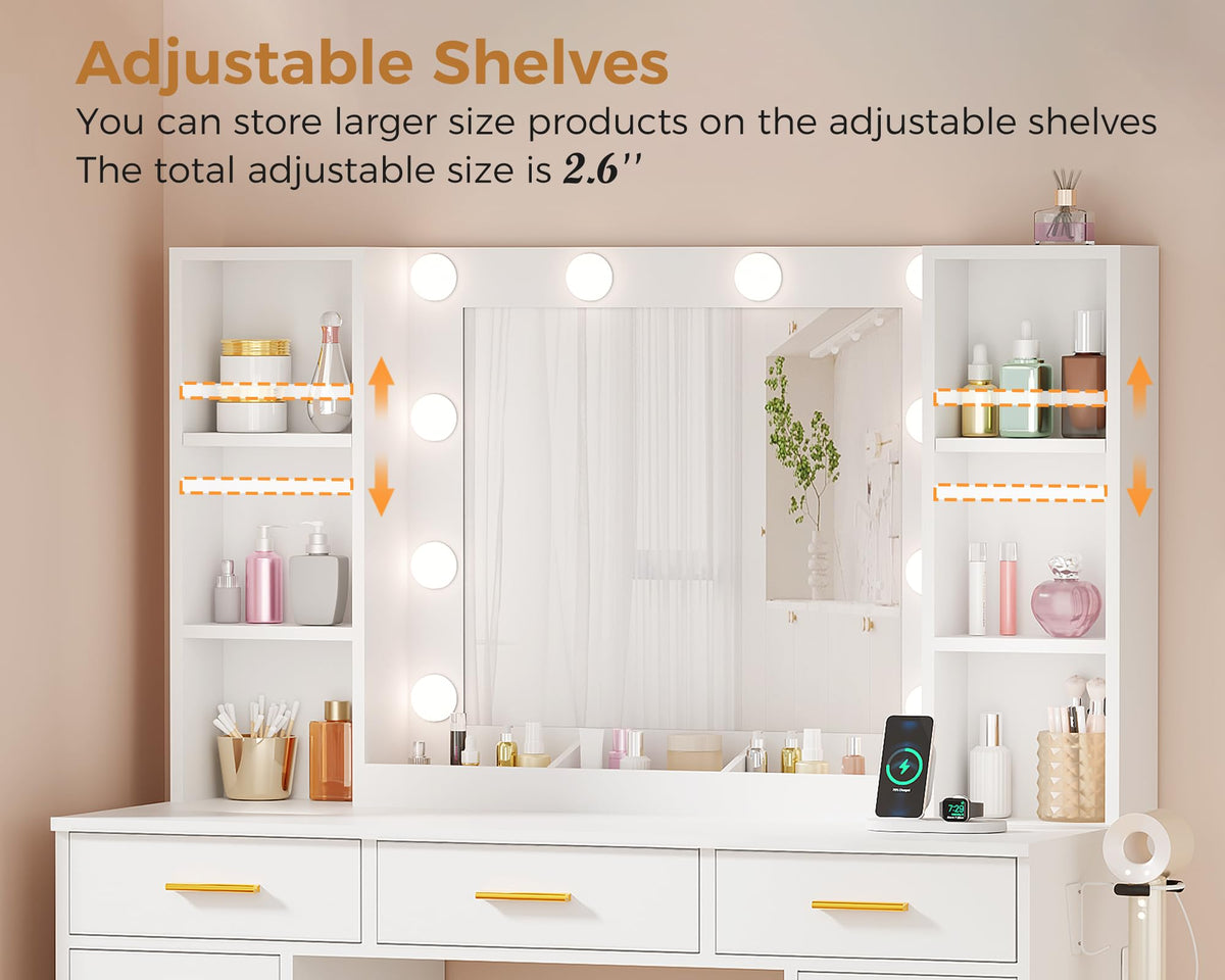 11 Drawer Makeup Vanity Desk with Mirror and Lights, Stool W481631