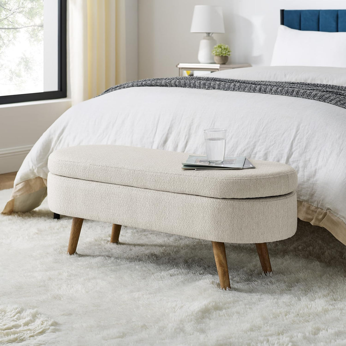 Beige Oval Storage Ottoman Bench with Rubber Wood Legs K166