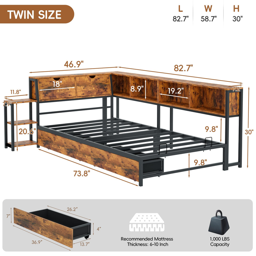 Brown Twin Corner Bed Frame with Storage Bookcase and Bedside Rack U4962
