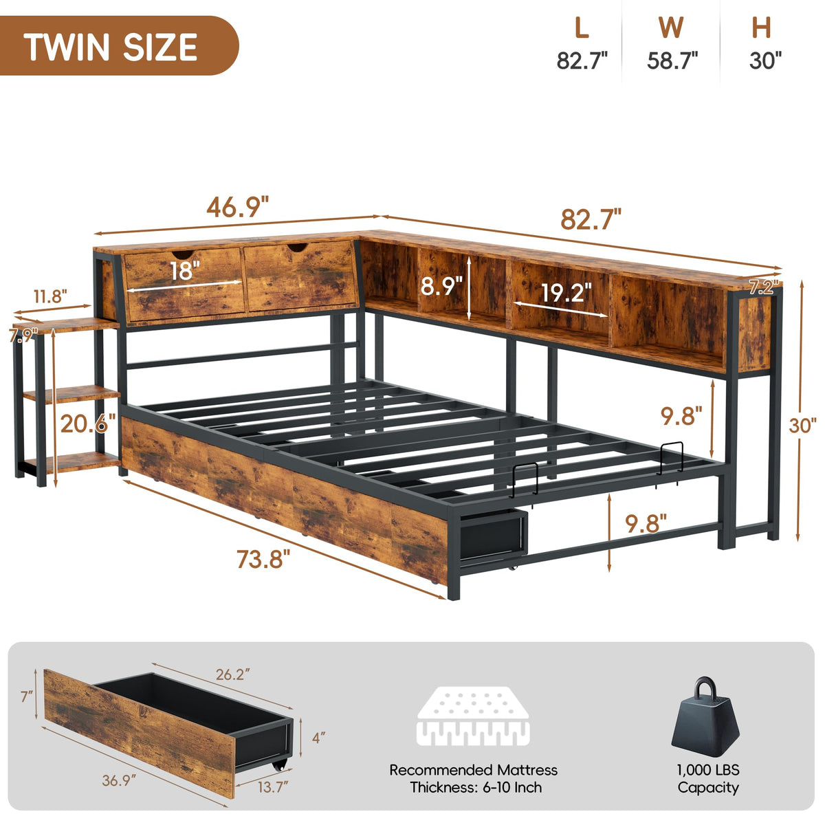 Brown Twin Corner Bed Frame with Storage Bookcase and Bedside Rack U4962