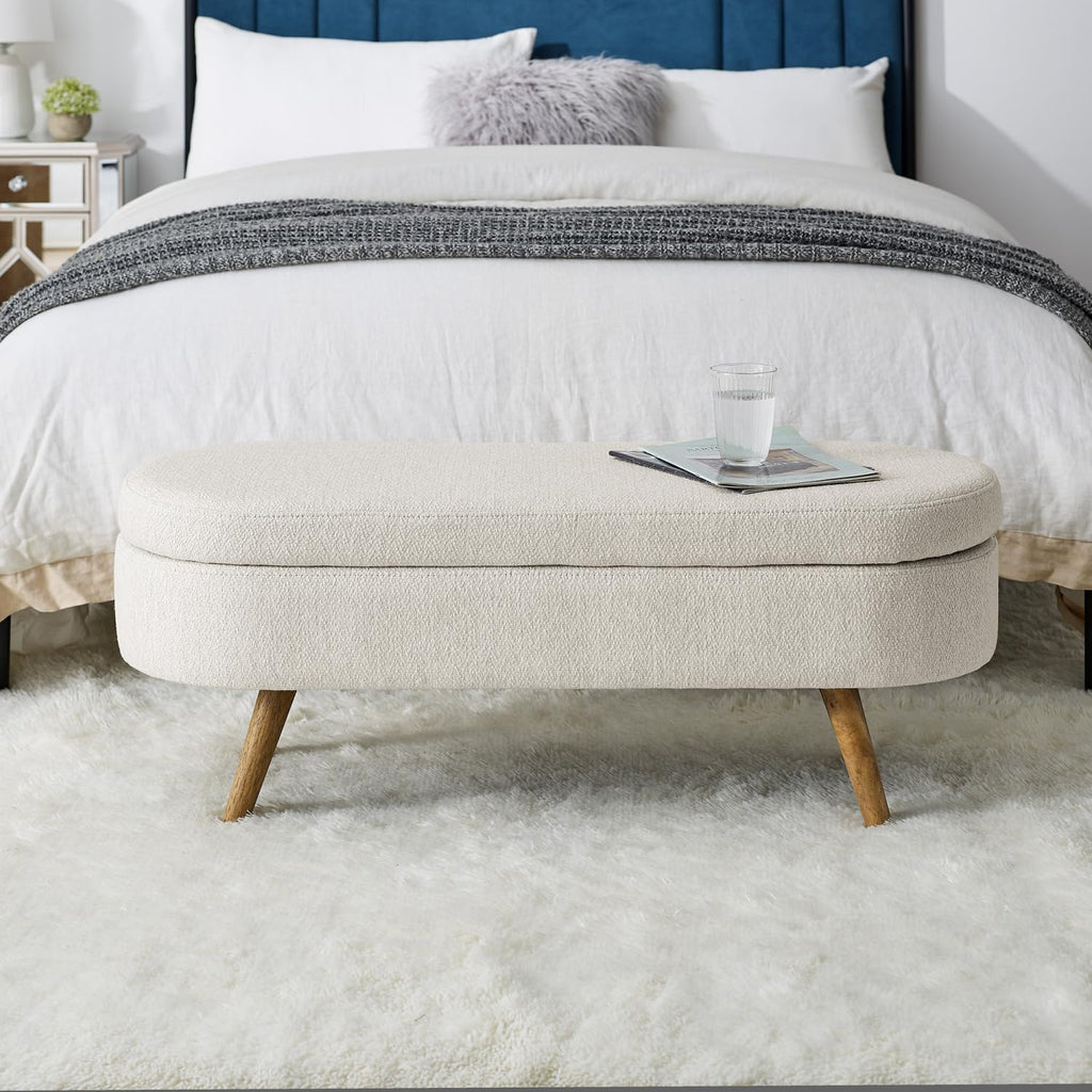 Beige Oval Storage Ottoman Bench with Rubber Wood Legs K166