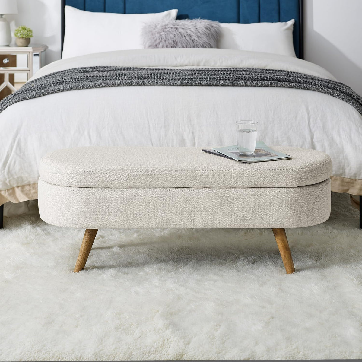 Beige Oval Storage Ottoman Bench with Rubber Wood Legs K166