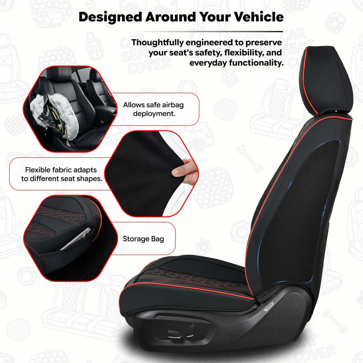 Black and Red Leather Car Seat Cover Set with Lumbar Support L472