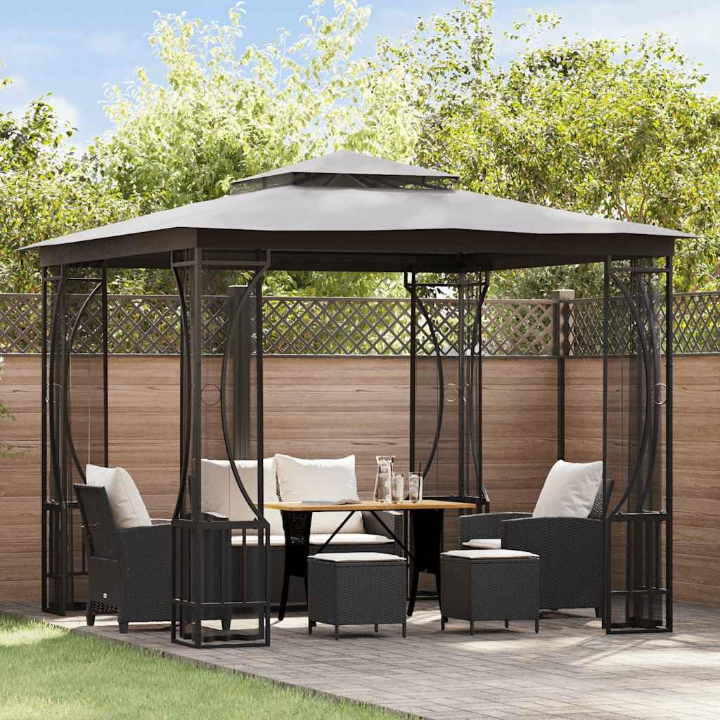Steel Frame Outdoor Gazebo with Nets 9.8x9.8x8.7 ft, Anthracite Party Tent with Detachable Drapes T791877