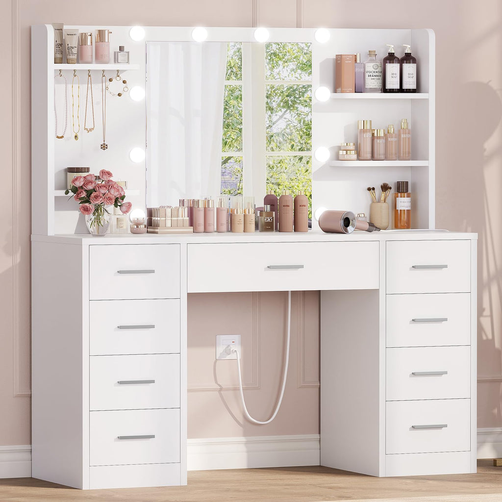White Vanity Desk with Mirror and Lights, 9 Drawers, Outlet E1094