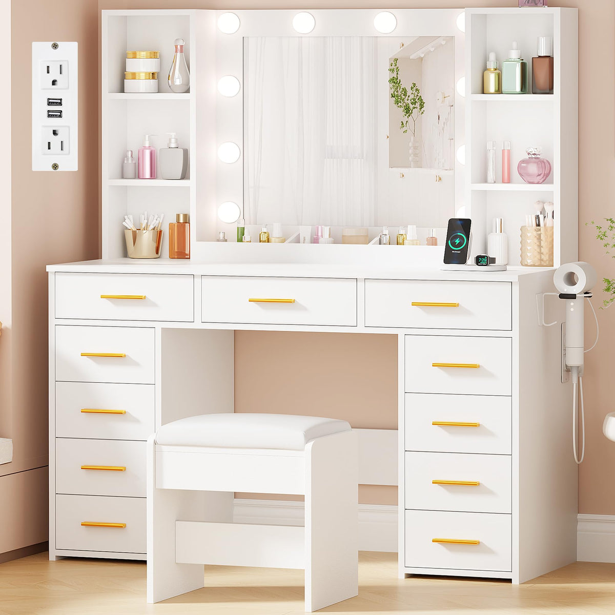 11 Drawer Makeup Vanity Desk with Mirror and Lights, Stool W481631
