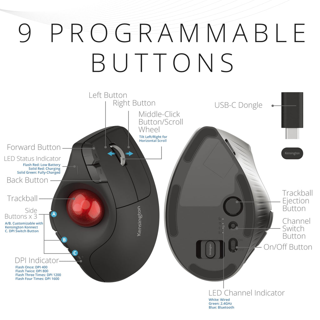 Wireless Vertical Trackball Mouse, Rechargeable - Black U205