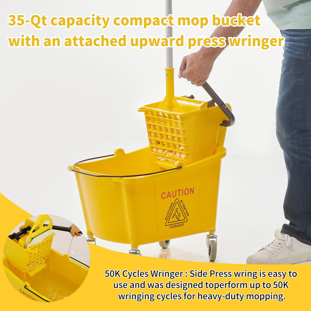 Commercial Mop Bucket with Wringer on Wheels, 35 Quart, Yellow W78230