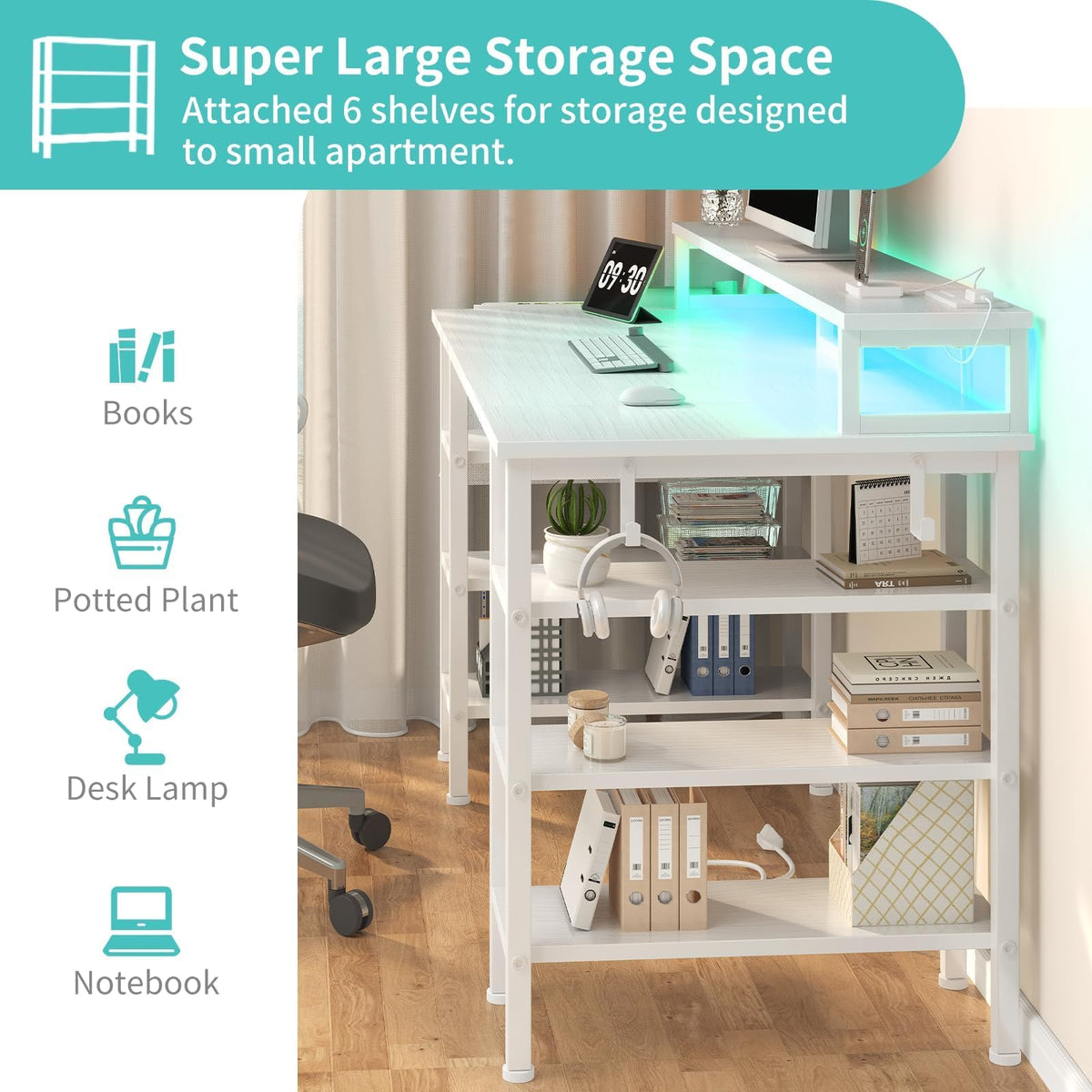 White Desk with Storage Shelves and Power Outlets V955974