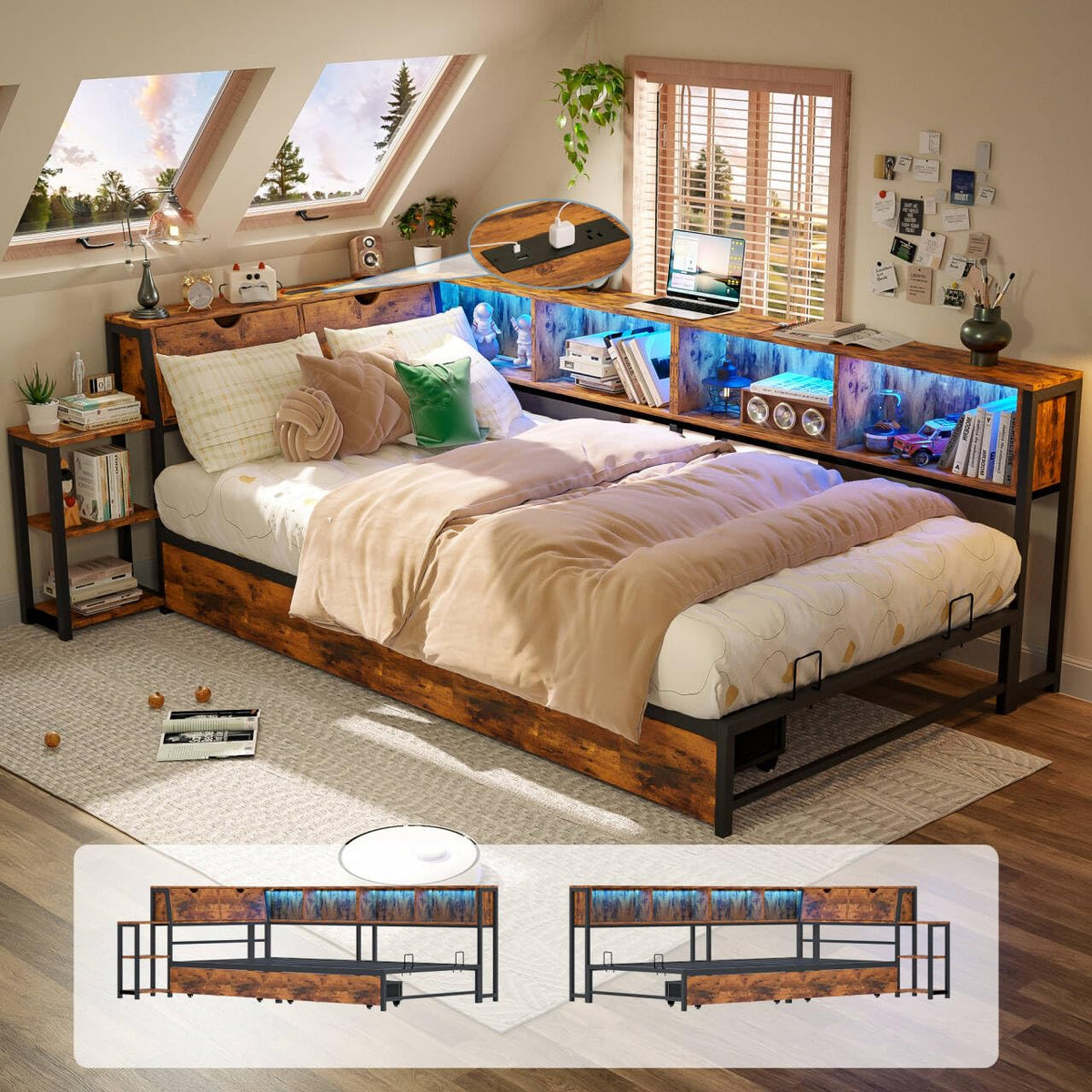 Brown Twin Corner Bed Frame with Storage Bookcase and Bedside Rack U4962