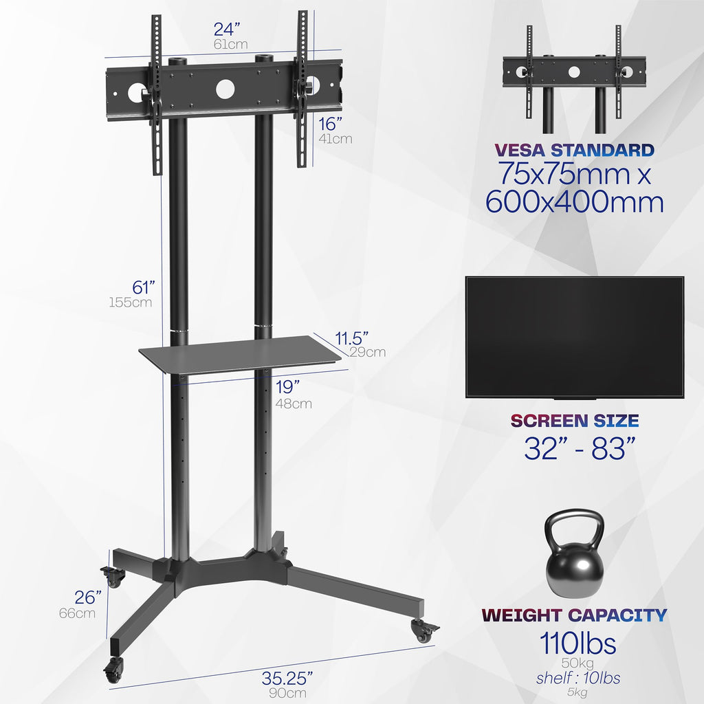 Black Mobile TV Cart for 32 to 83 inch Screens V910
