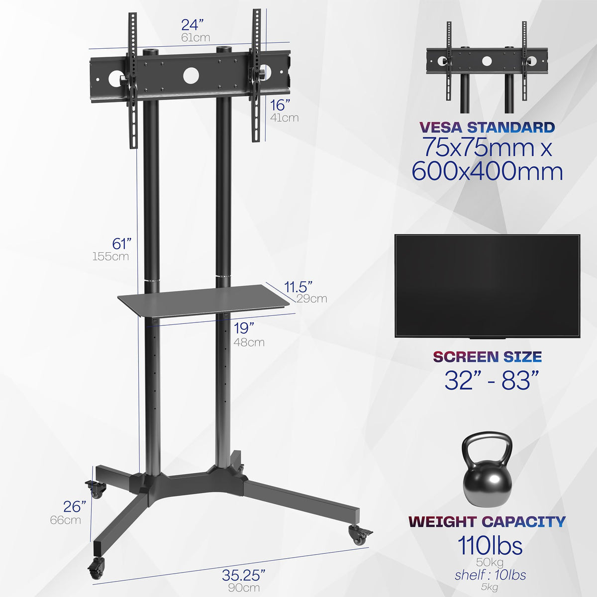 Black Mobile TV Cart for 32 to 83 inch Screens V910