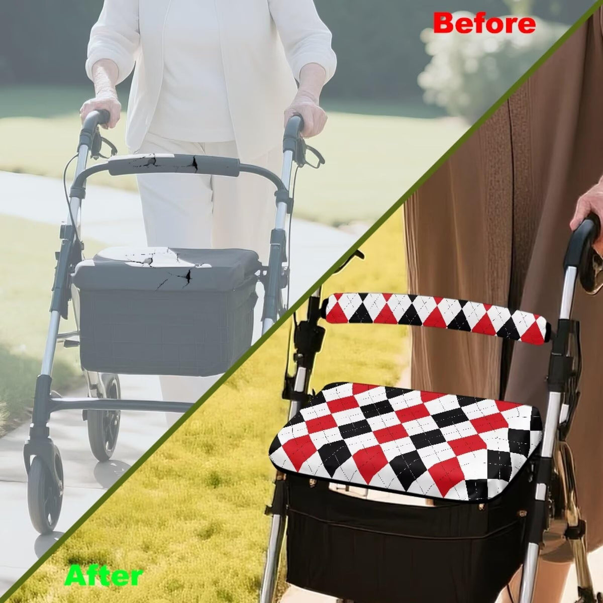 Red Diamond Pattern Rollator Walker Seat & Backrest Covers Set W80753
