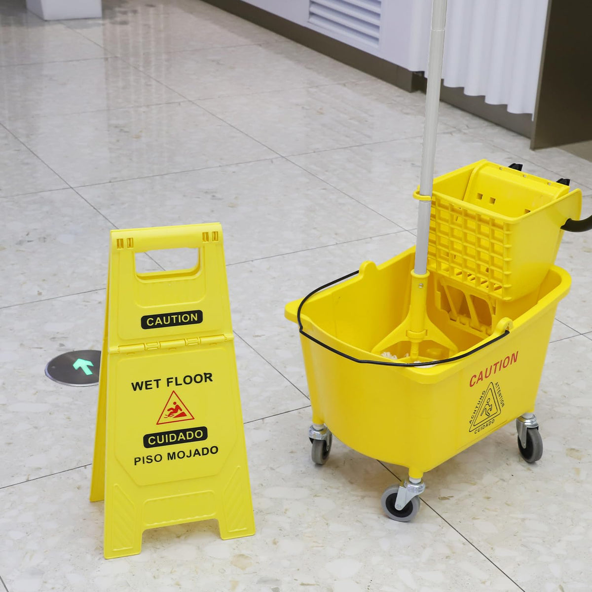 Commercial Mop Bucket with Wringer on Wheels, 35 Quart, Yellow W78230