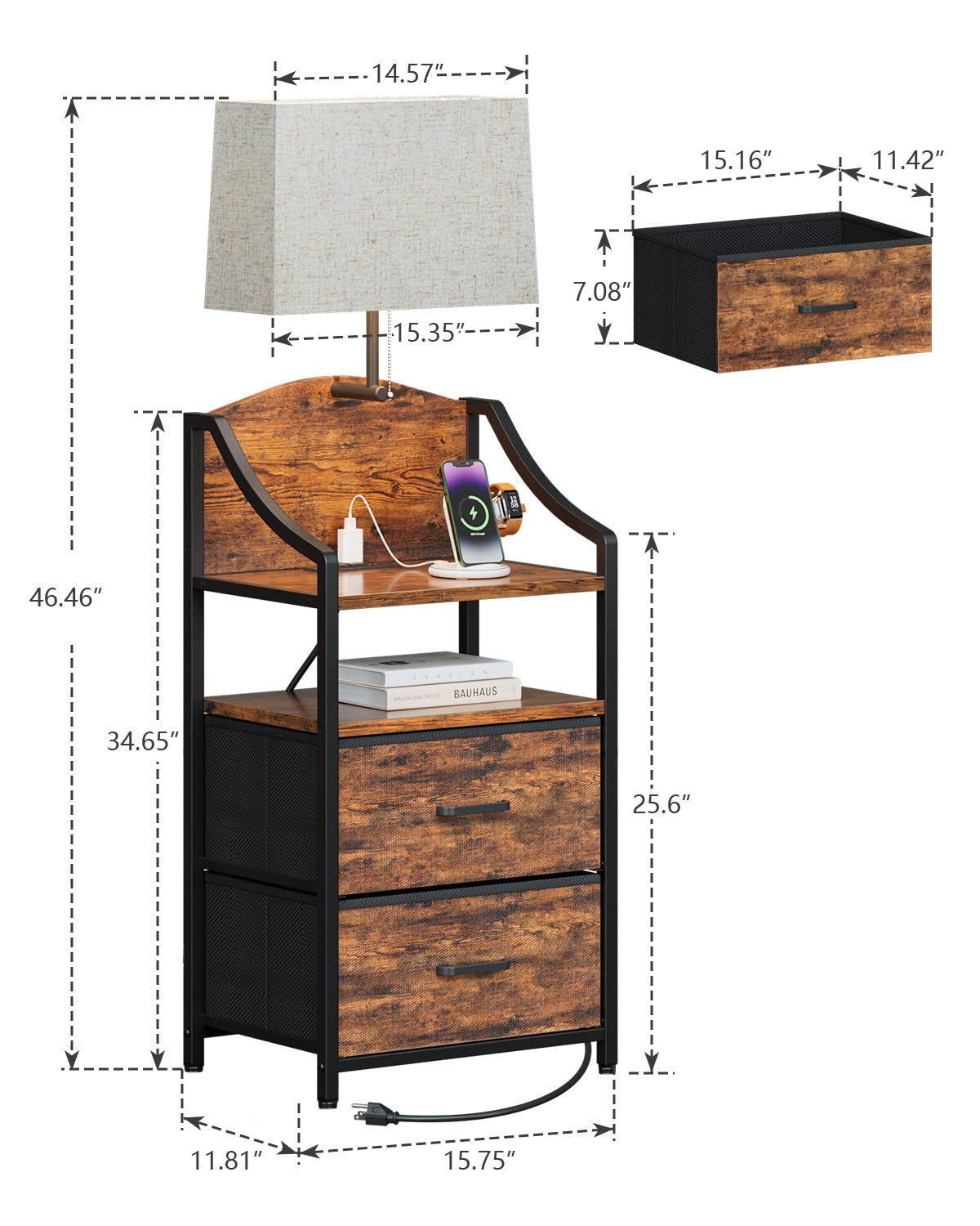 45" Tall Nightstand with Charging Station & Light M927