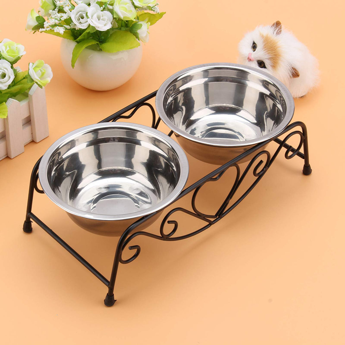 Double Stainless Steel Elevated Dog Bowls with Iron Stand A26155