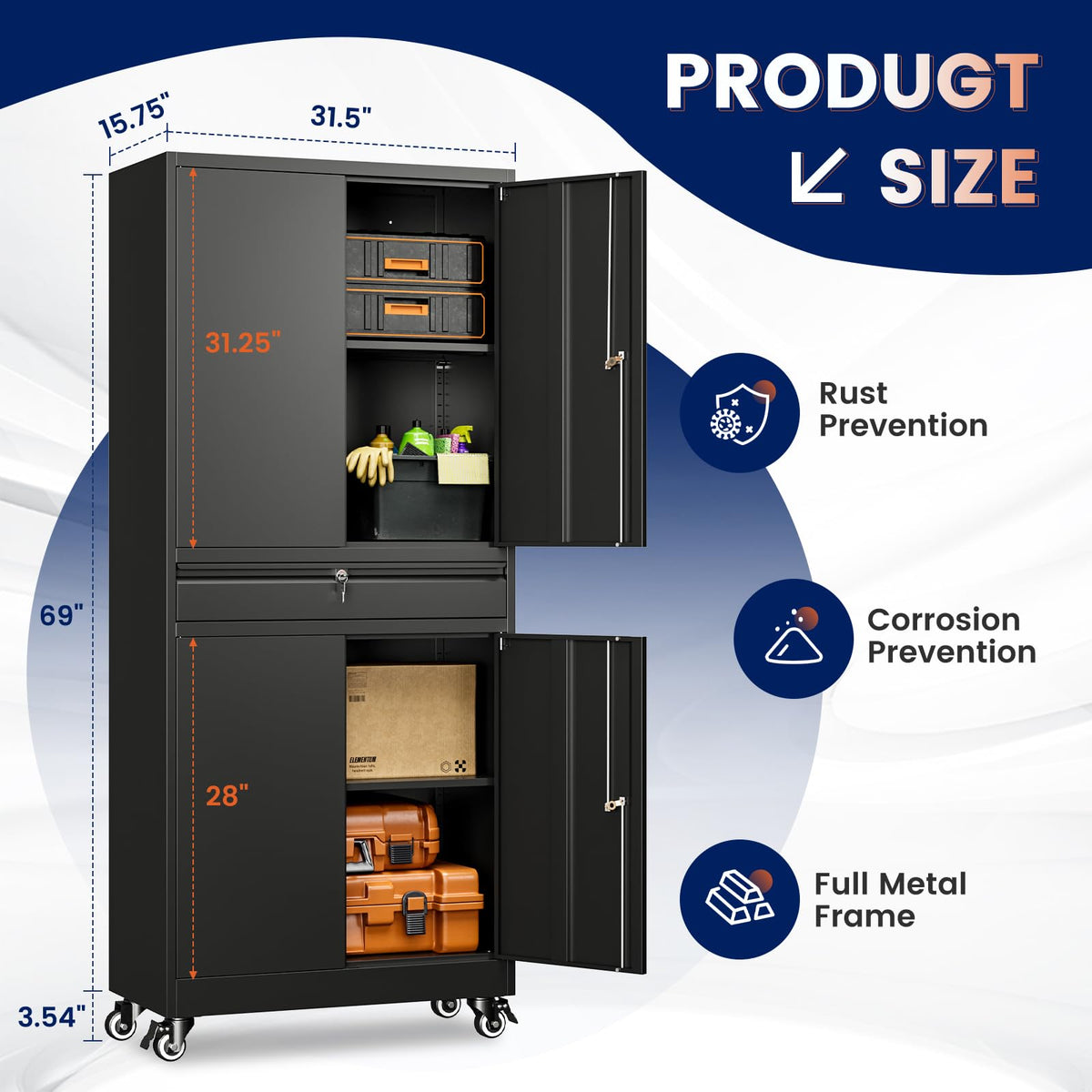 Black Metal Rolling Storage Cabinet with Locking Doors and 1 Drawer M702