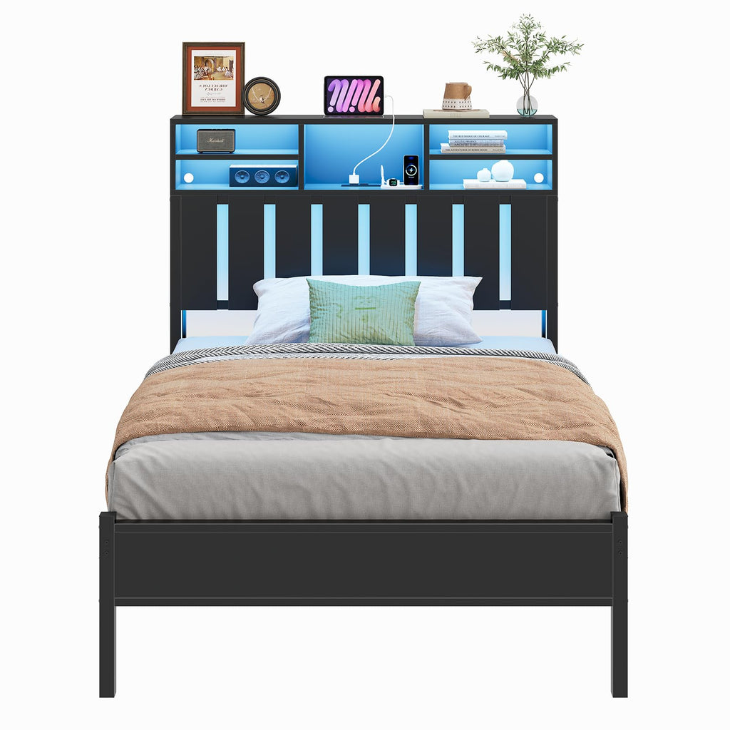 Twin Size Bed Frame with Storage Headboard and LED Lights H505