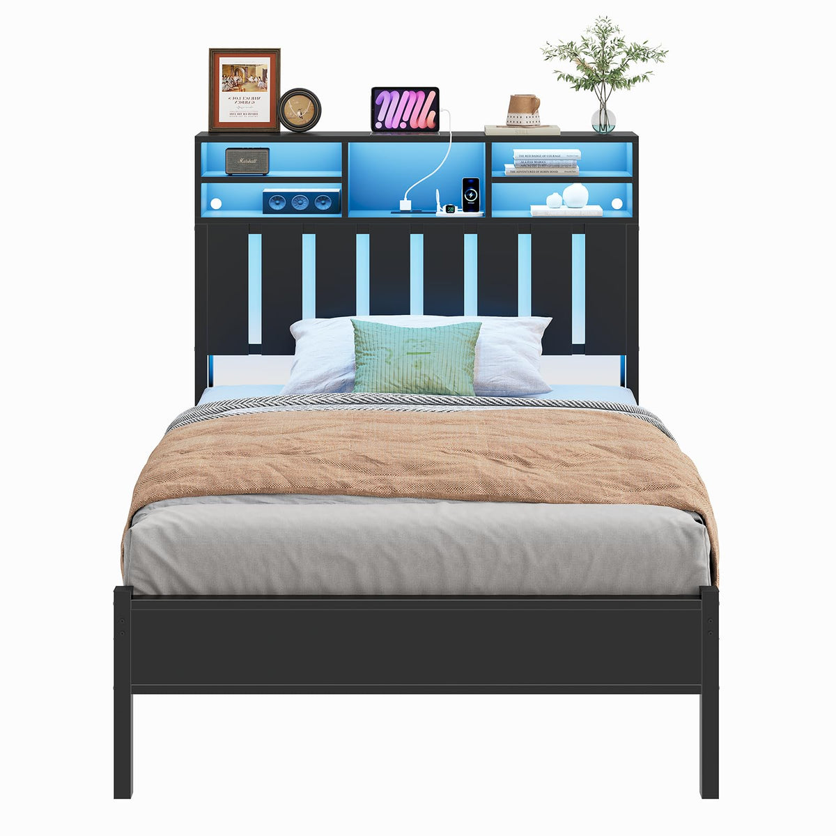 Twin Size Bed Frame with Storage Headboard and LED Lights H505