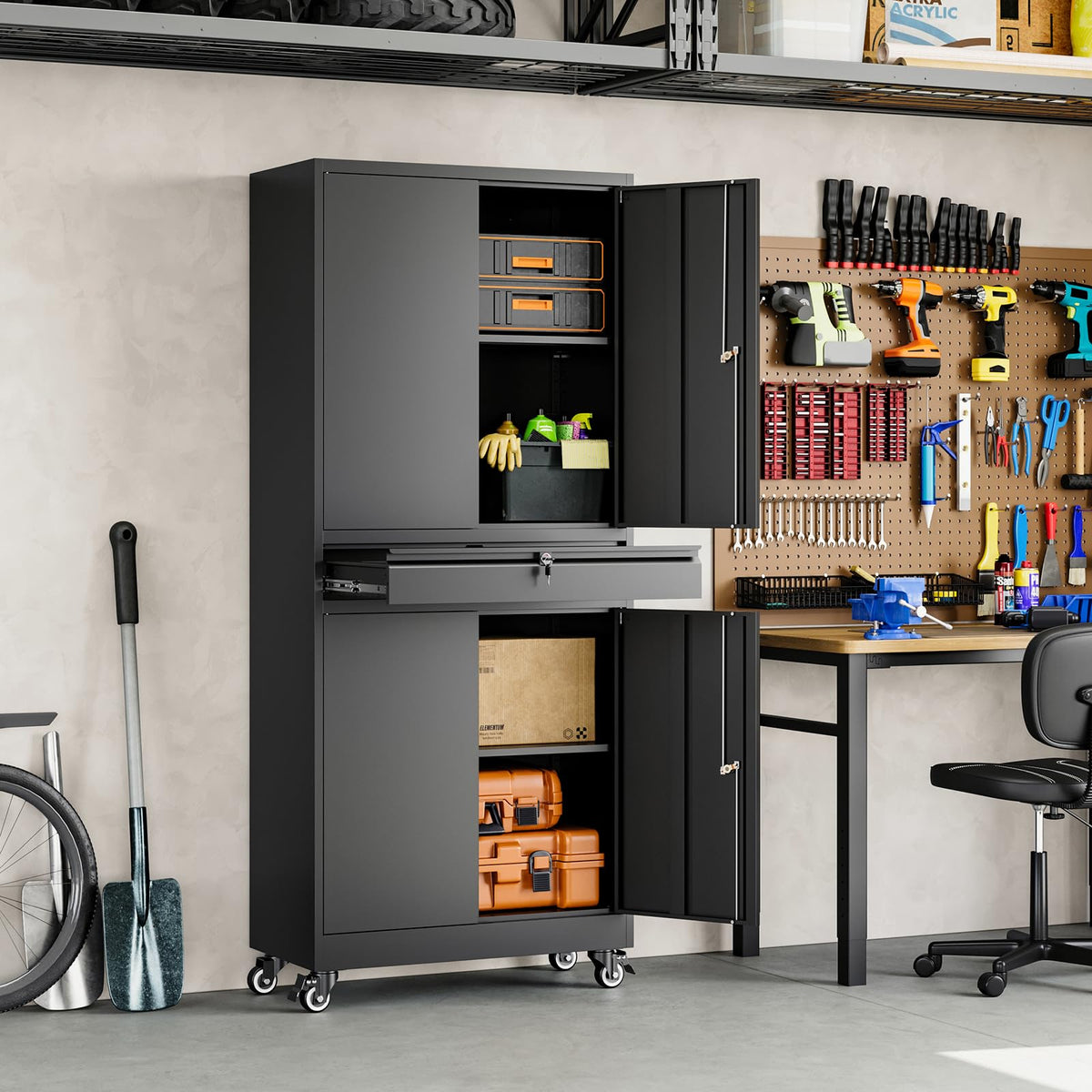 Black Metal Rolling Storage Cabinet with Locking Doors and 1 Drawer M702
