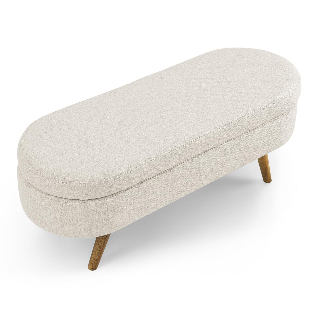 Beige Oval Storage Ottoman Bench with Rubber Wood Legs K166