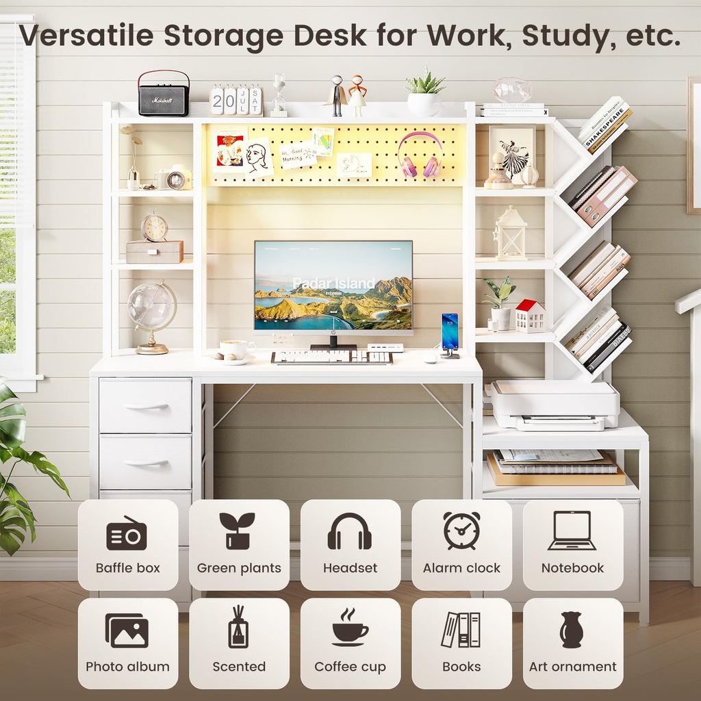 61.4" Computer Desk with Bookshelf, 5 Drawers, Hutch, Outlet, LED Z633