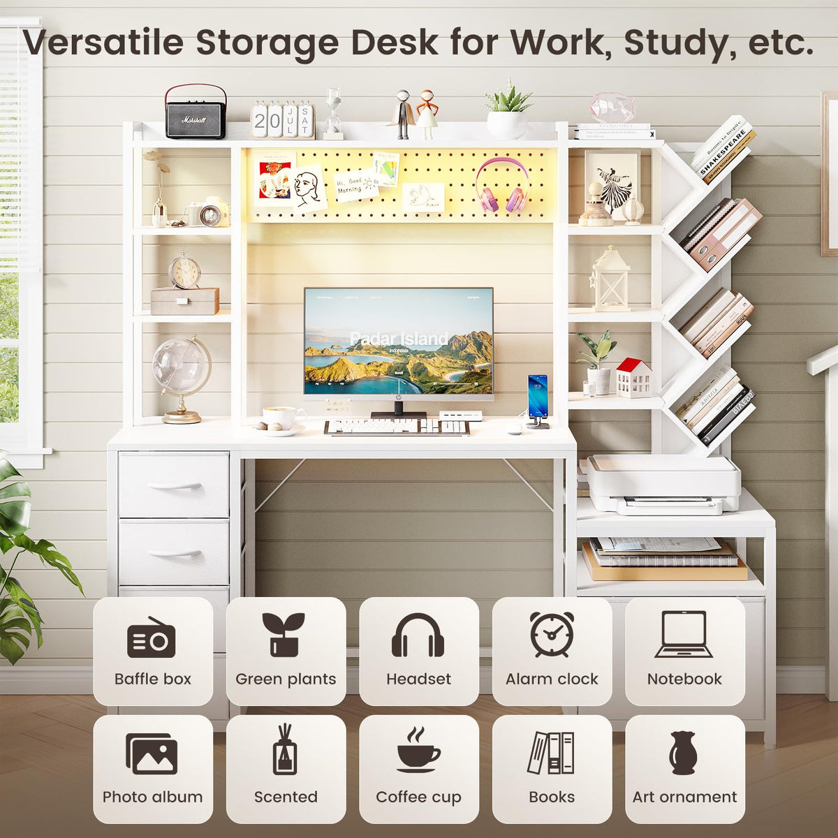61.4" Computer Desk with Bookshelf, 5 Drawers, Hutch, Outlet, LED Z633