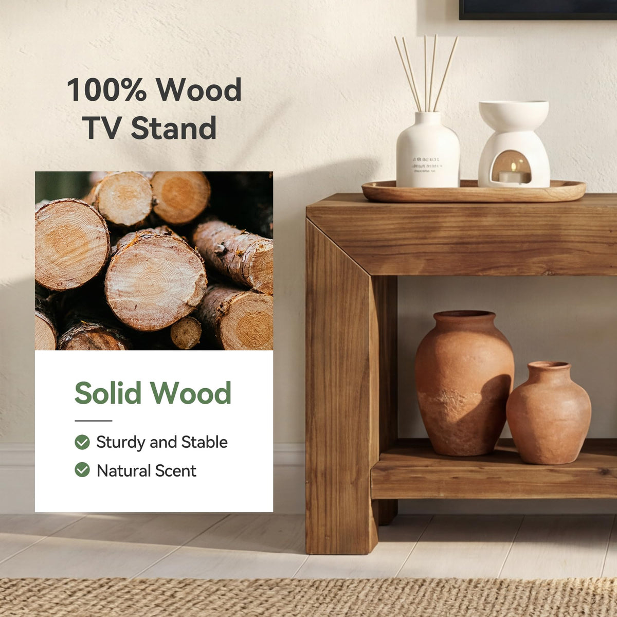 Solid Wood 63" TV Stand with Open Storage Shelves K567992
