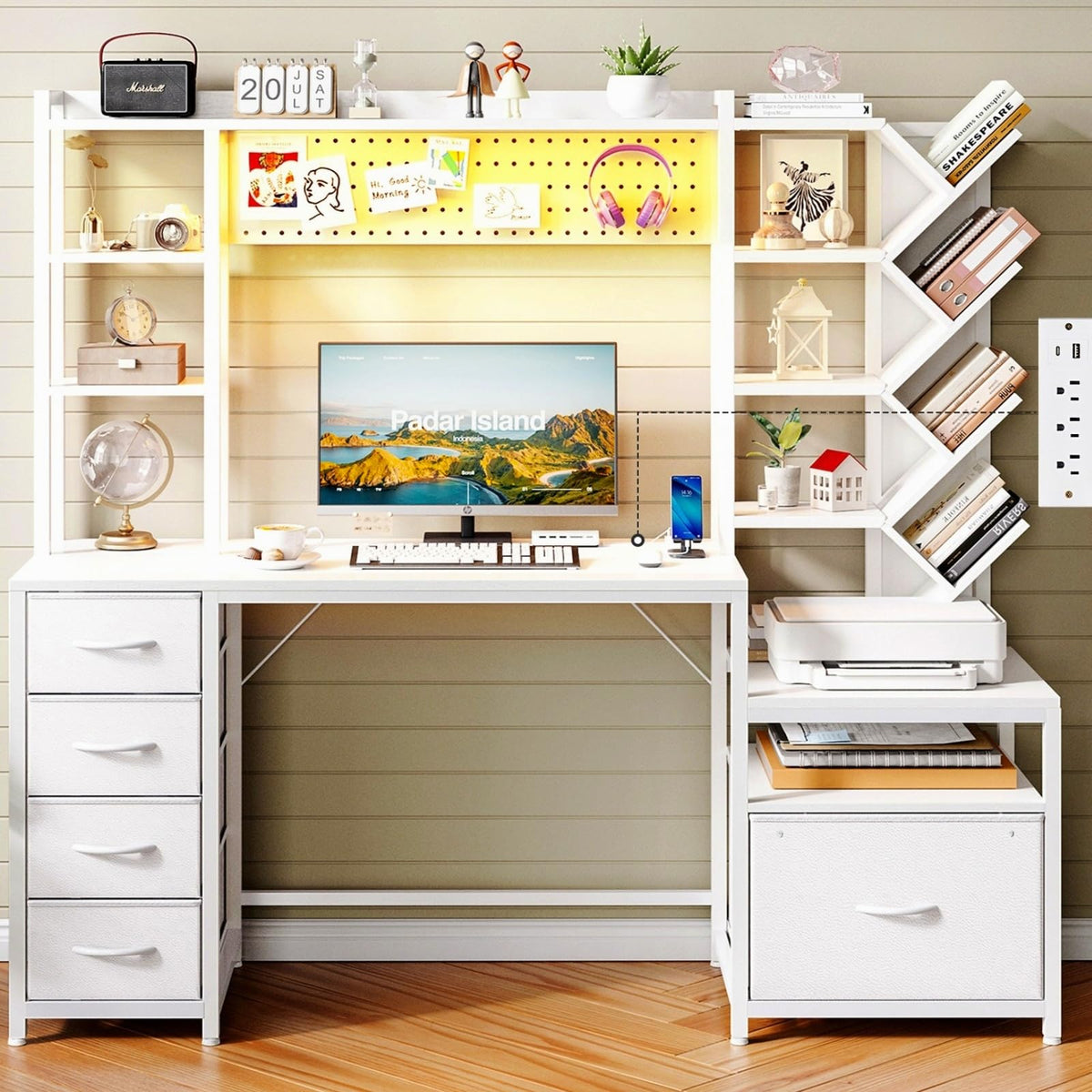61.4" Computer Desk with Bookshelf, 5 Drawers, Hutch, Outlet, LED Z633