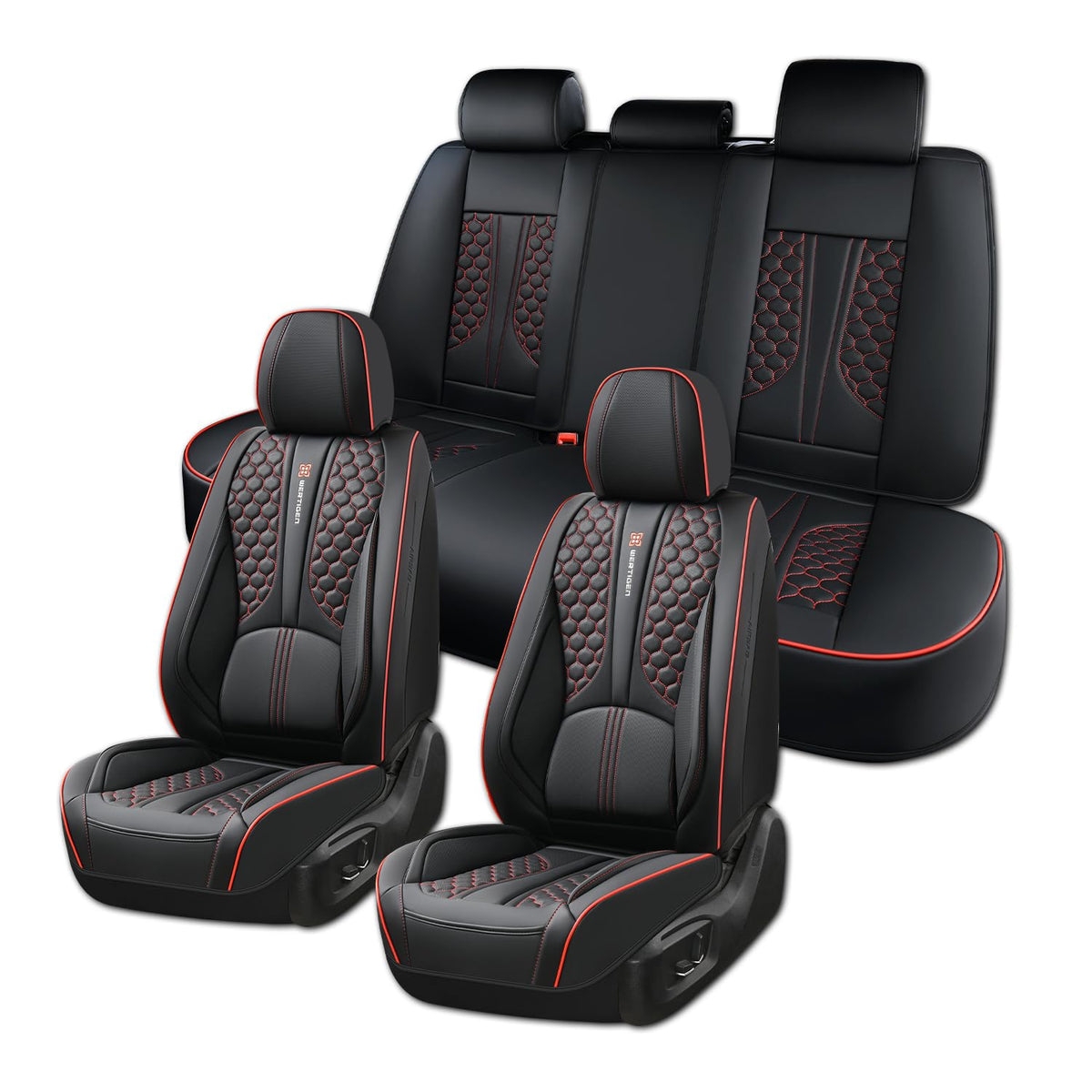 Black and Red Leather Car Seat Cover Set with Lumbar Support L472