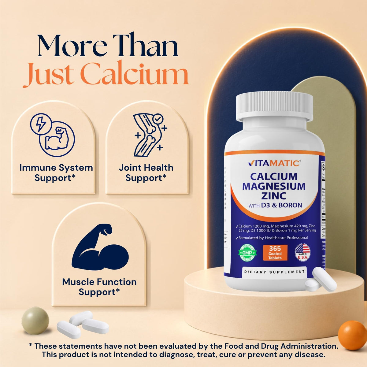 Calcium Magnesium Zinc D3 Boron 365 Coated Tablets Supplement V8307