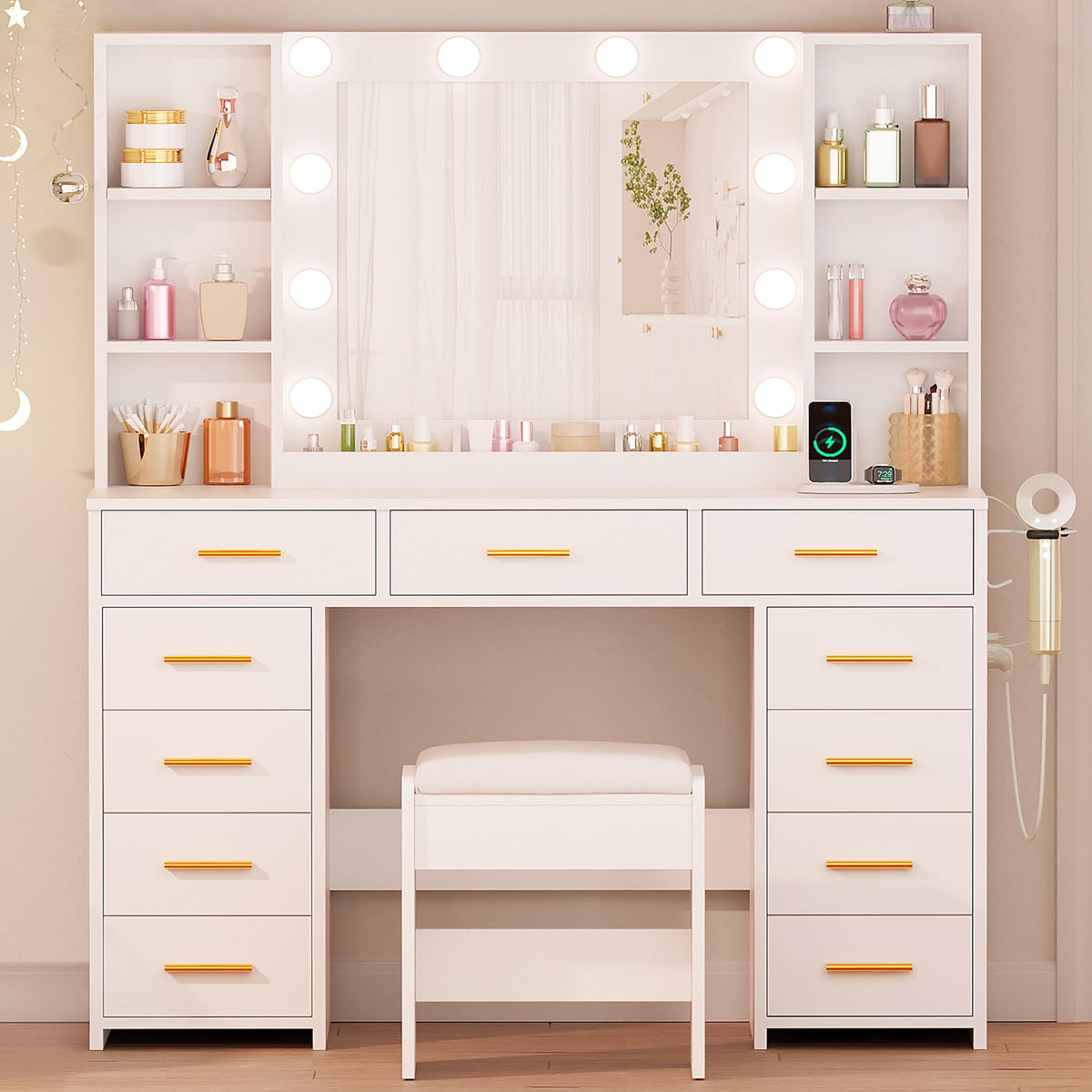 11 Drawer Makeup Vanity Desk with Mirror and Lights, Stool W481631