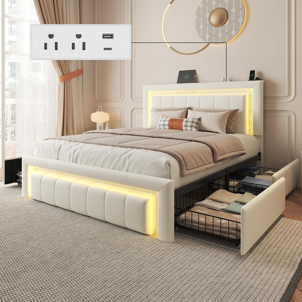 White Upholstered Full Bed Frame with Storage Drawers C16139