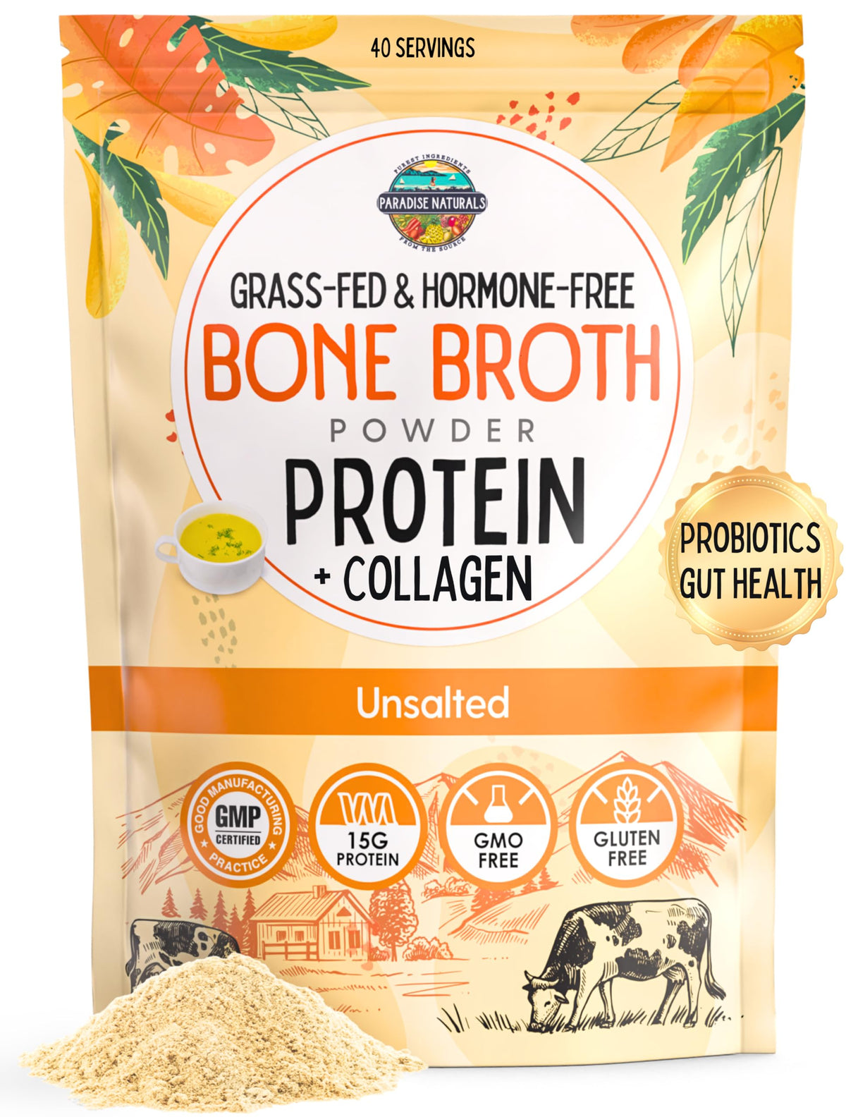100% Grass-Fed Beef Bone Broth Powder with Probiotics Collagen 15g Protein R29623