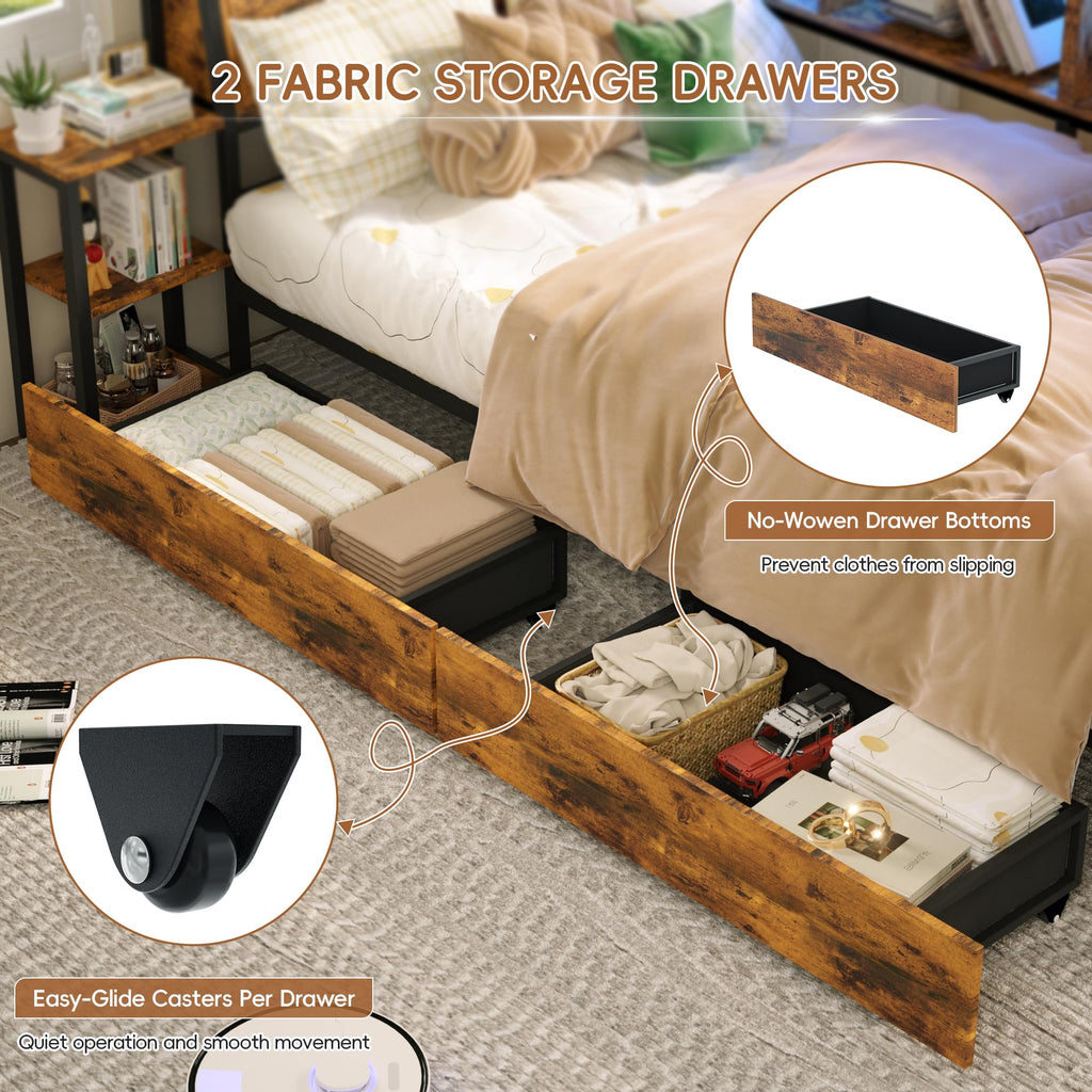 Brown Twin Corner Bed Frame with Storage Bookcase and Bedside Rack U4962