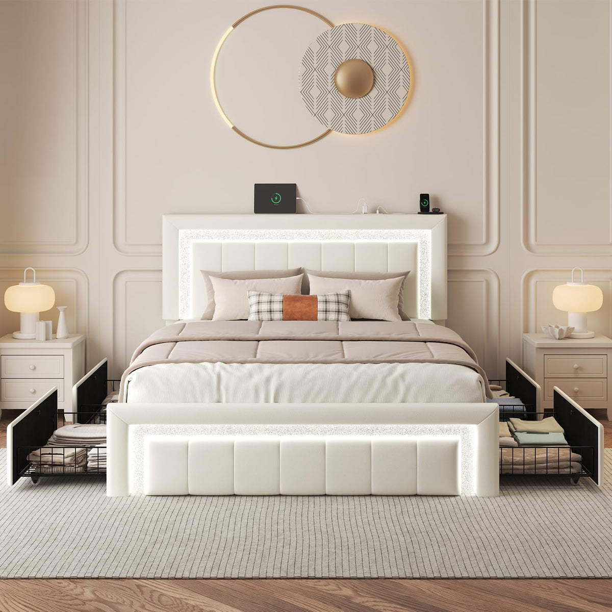 White Upholstered Full Bed Frame with Storage Drawers C16139