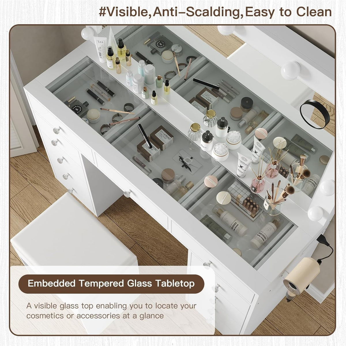 White Vanity Desk with Mirror and Chair Y846648