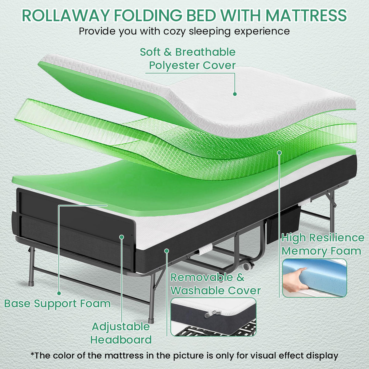 Folding Bed with Mattress, 5-Inch Memory Foam, 500lbs Capacity, Metal Frame Q44738