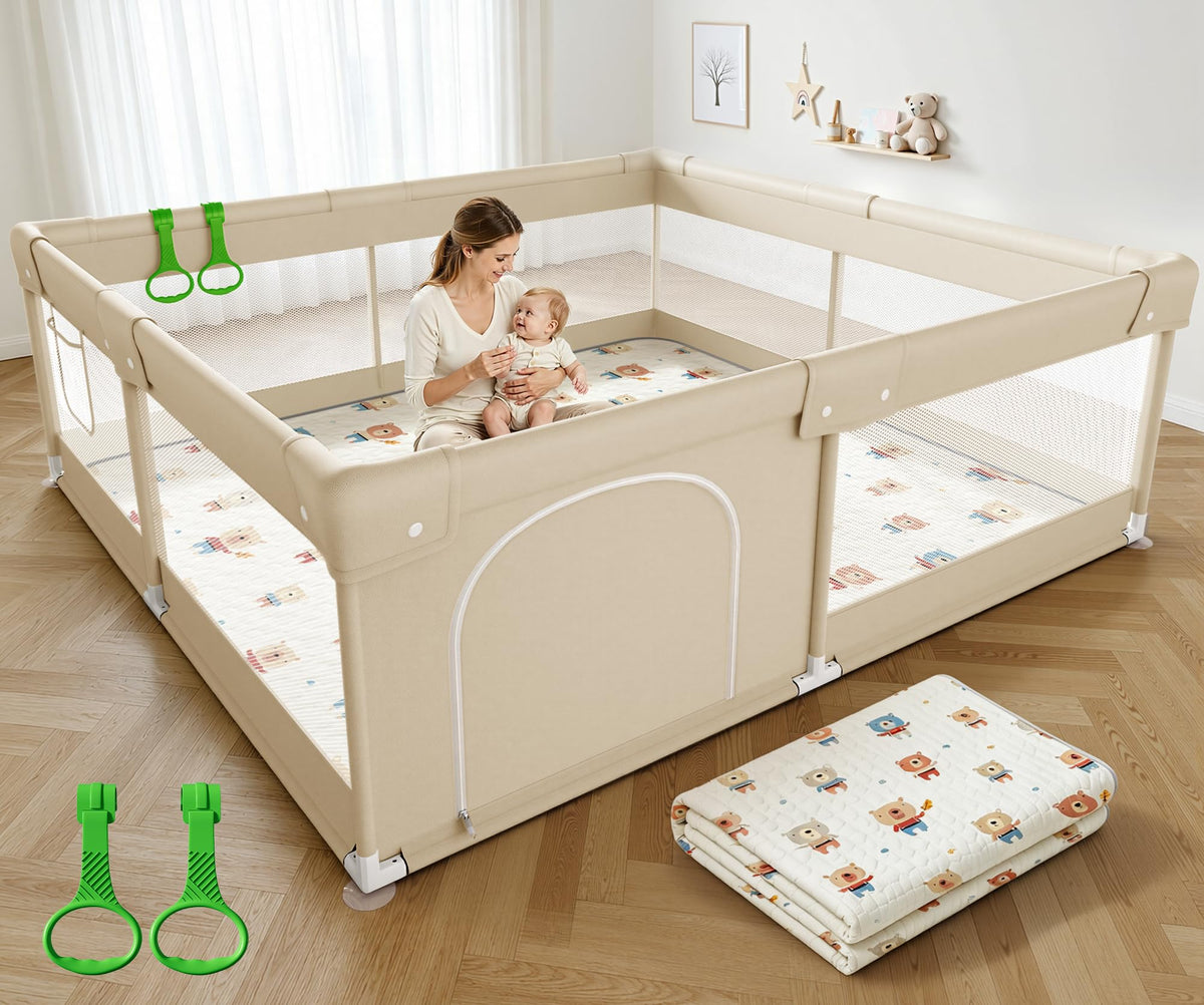 Baby Playpen with Mat, 47x47in Beige W971275