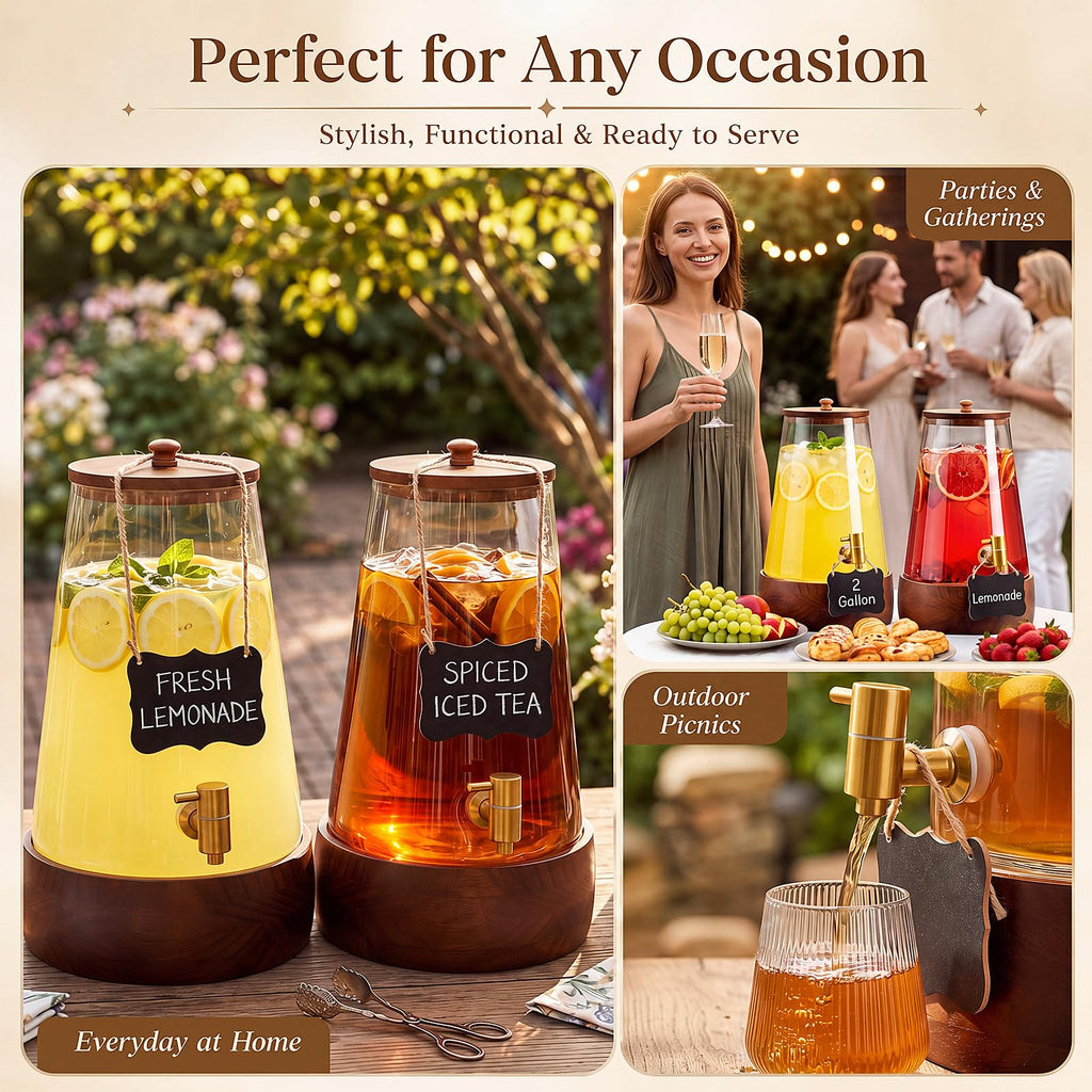 2 Sets 2 Gallon Glass Drink Dispenser with Wooden Base Stand E724