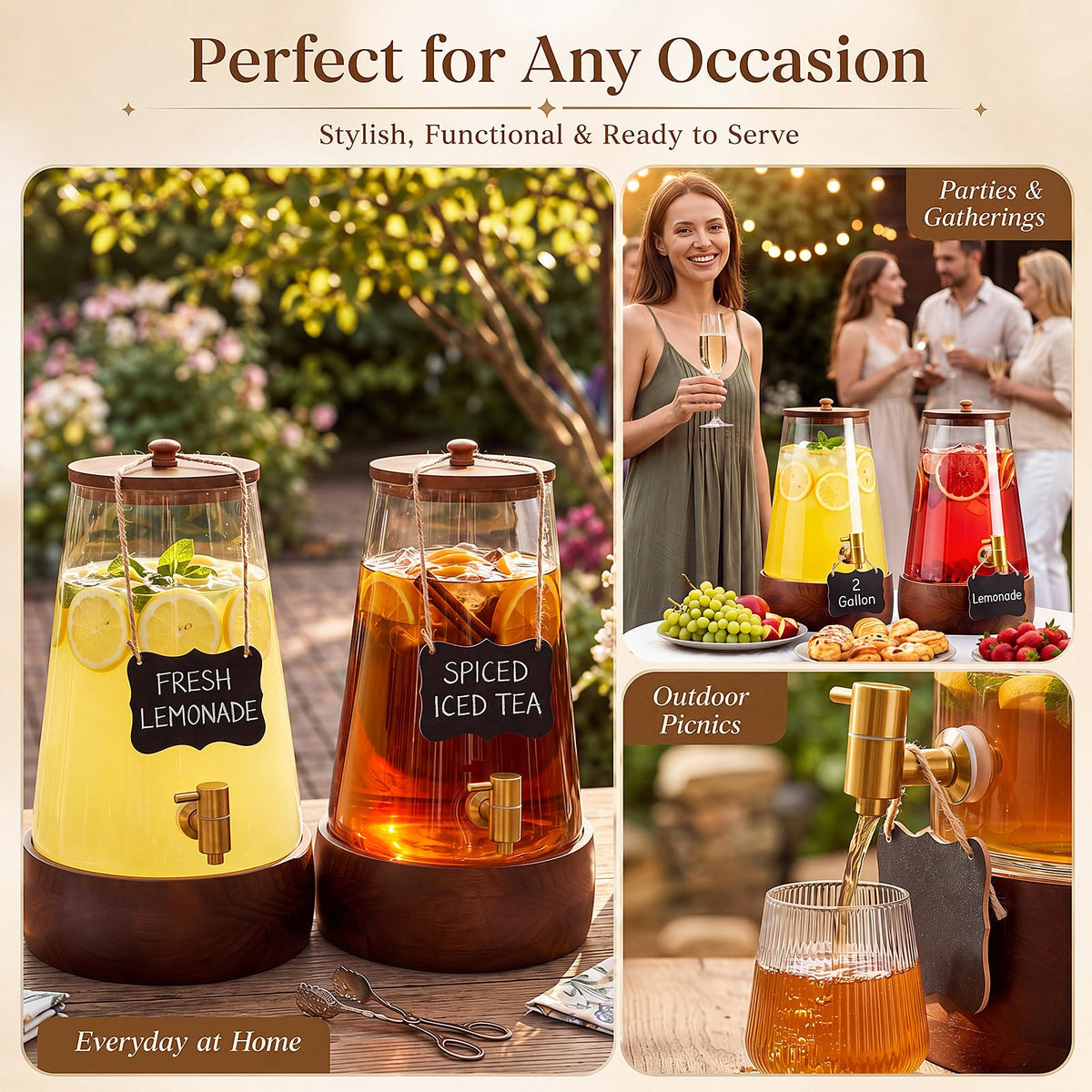 2 Sets 2 Gallon Glass Drink Dispenser with Wooden Base Stand E724