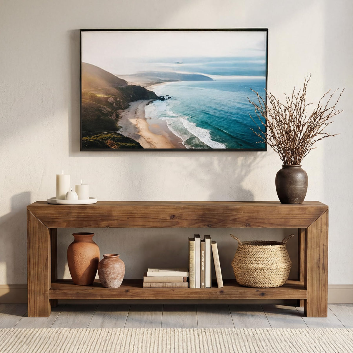 Solid Wood 63" TV Stand with Open Storage Shelves K567992