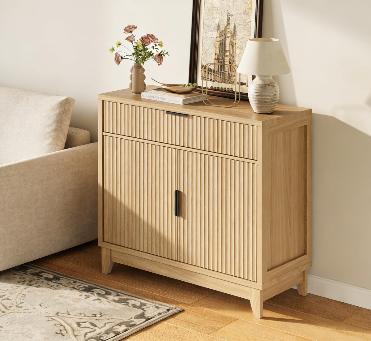 32" Fluted Oak Sideboard Buffet Cabinet with Storage F1340