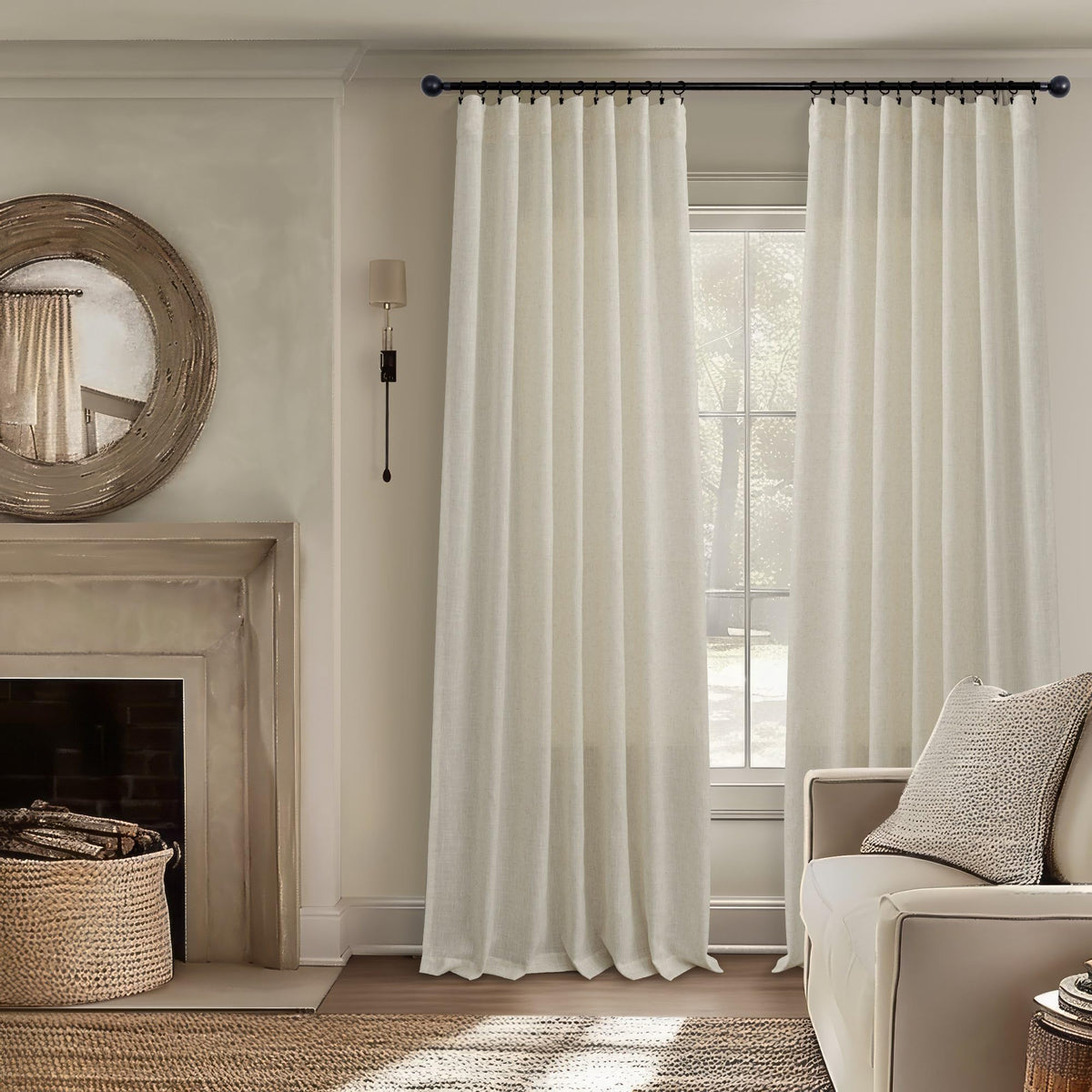 Flax Linen Beige Semi Sheer Curtains 108 Inch 2 Panels T42941