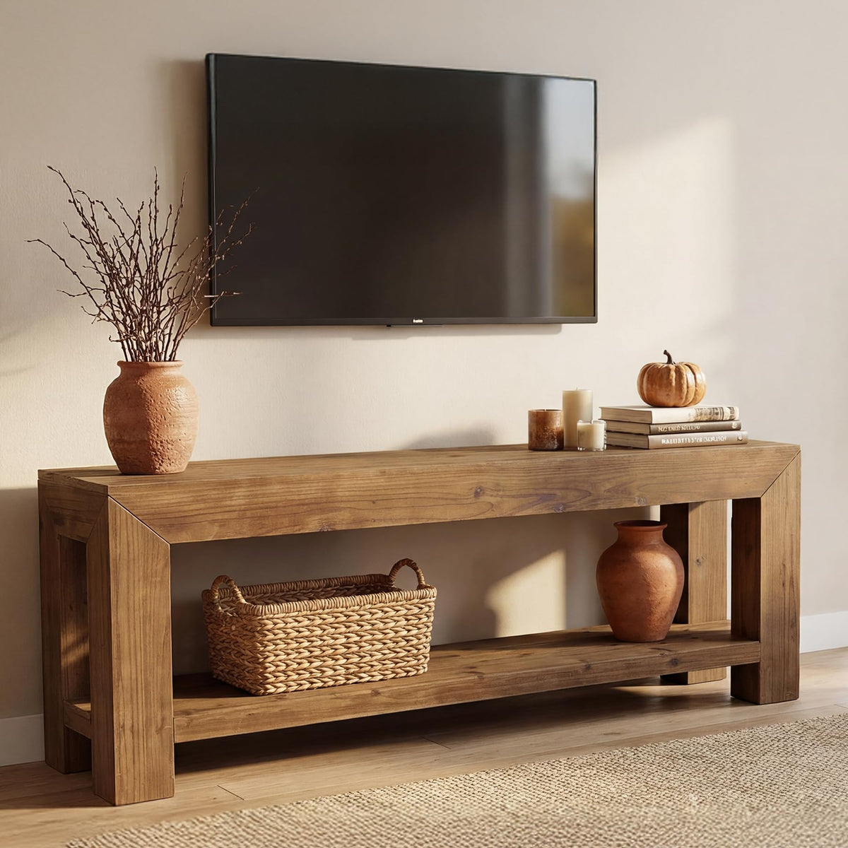 Solid Wood 63" TV Stand with Open Storage Shelves K567992