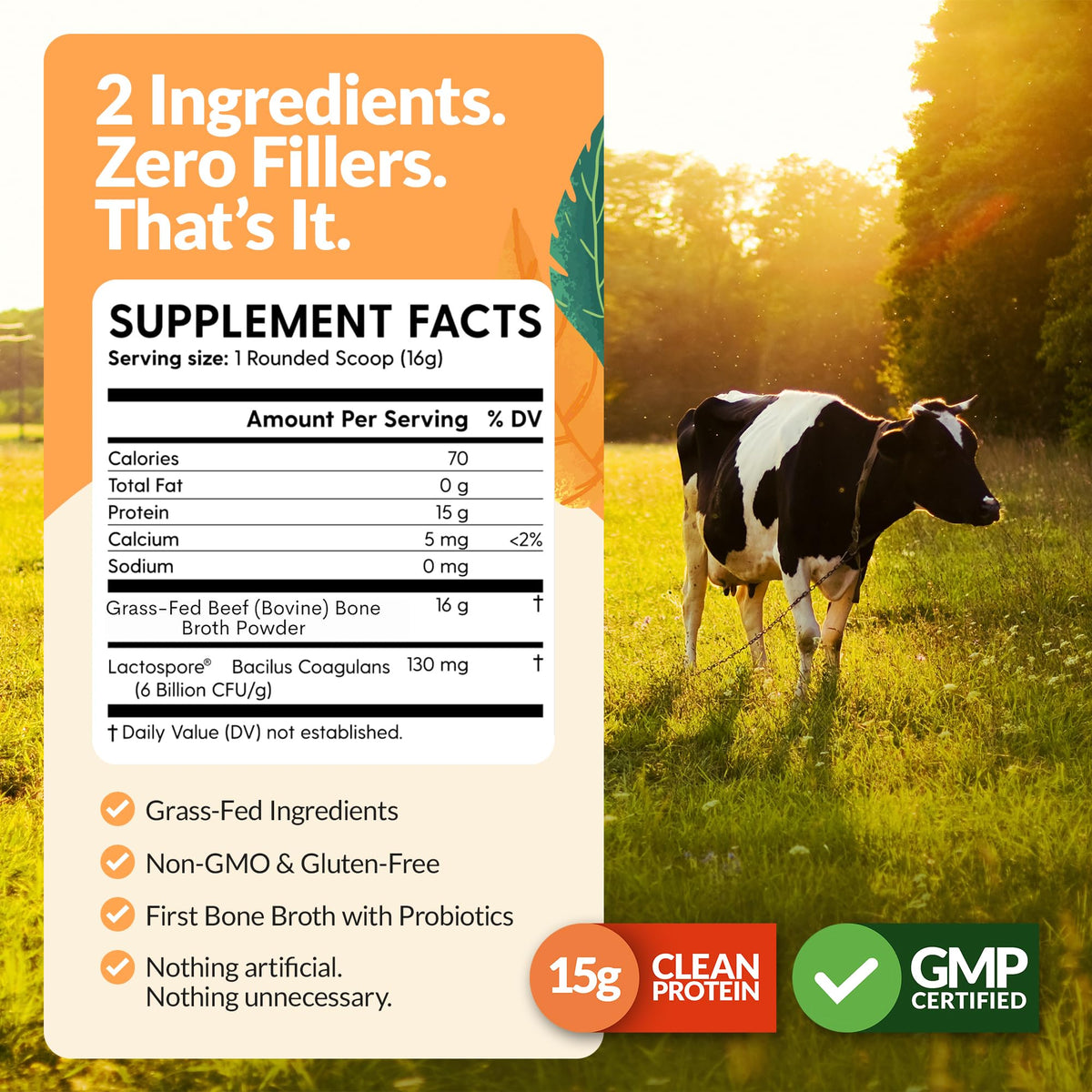 100% Grass-Fed Beef Bone Broth Powder with Probiotics Collagen 15g Protein R29623