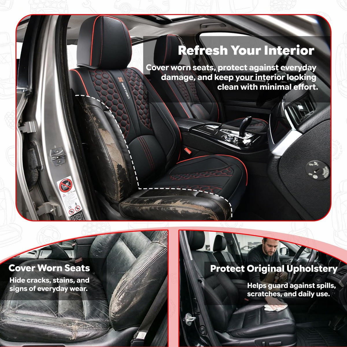 Black and Red Leather Car Seat Cover Set with Lumbar Support L472