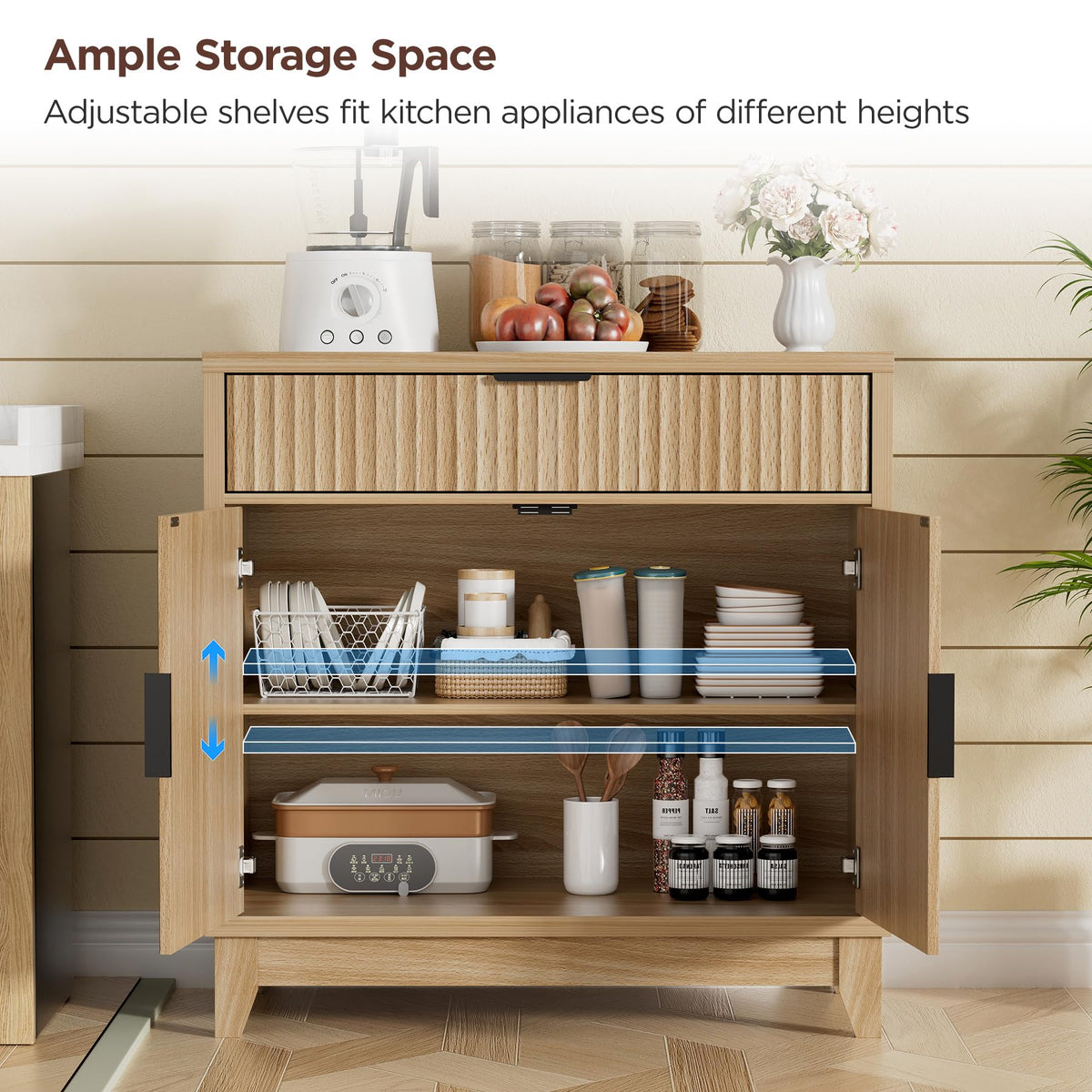 32" Fluted Oak Sideboard Buffet Cabinet with Storage F1340