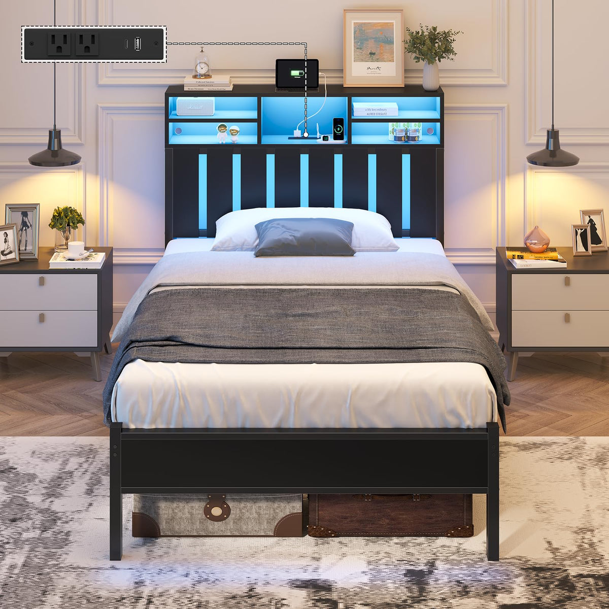 Twin Size Bed Frame with Storage Headboard and LED Lights H505