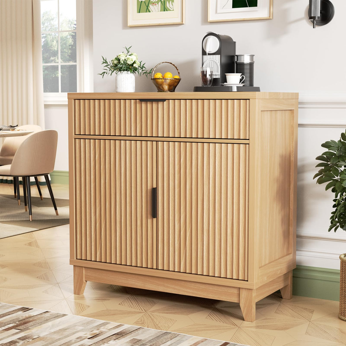 32" Fluted Oak Sideboard Buffet Cabinet with Storage F1340